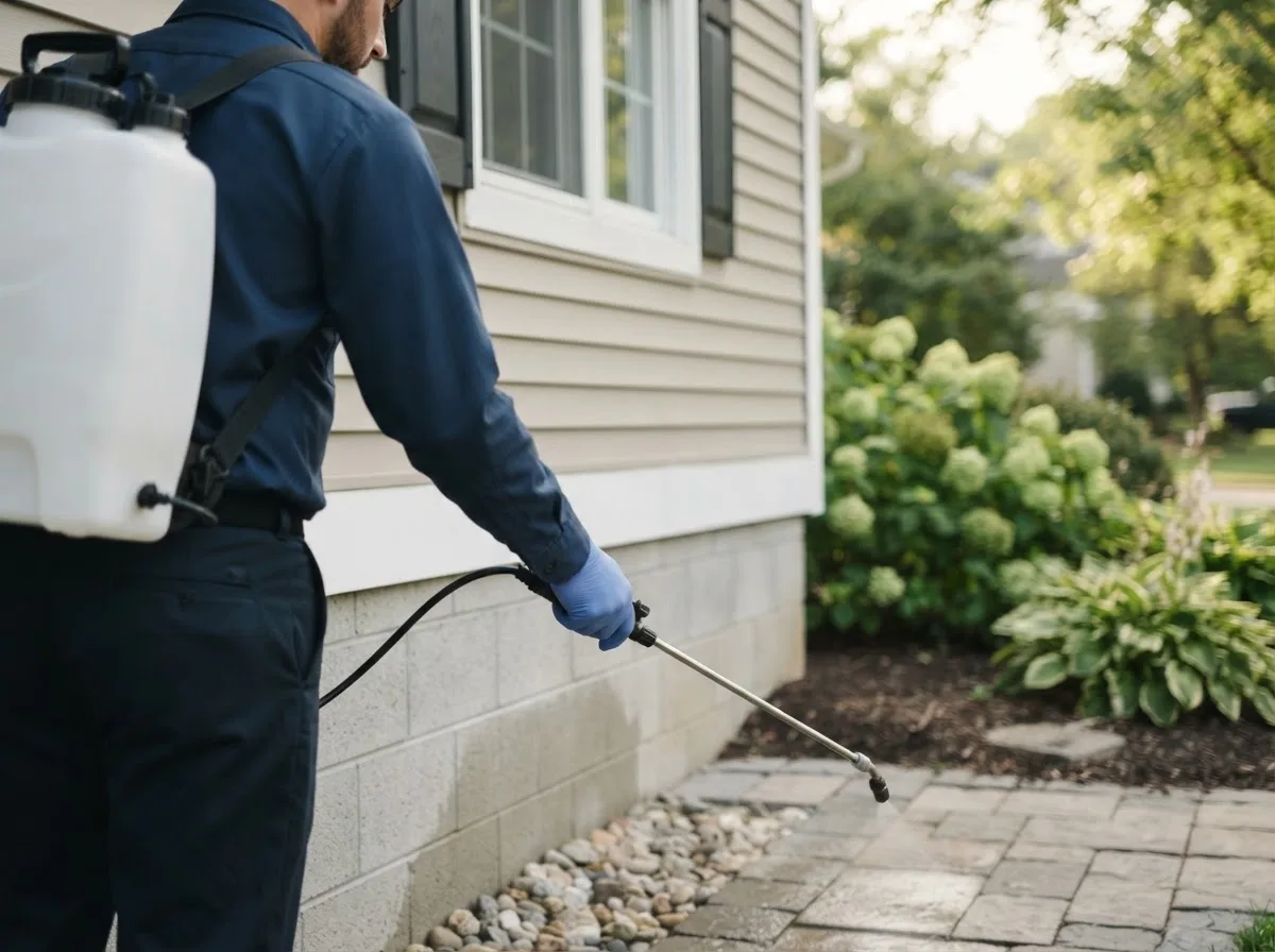 Pest control technician inspecting a home in Kilgore, NE